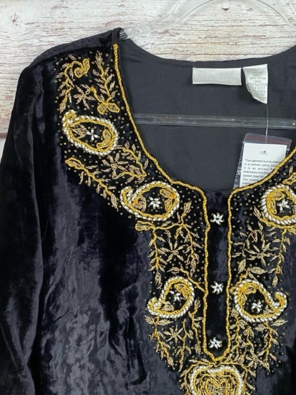 Soft Surroundings Embellished Black Velvet Top with Gold Embroidery-Large